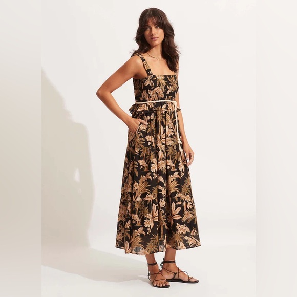 Seafolly Dresses & Skirts - Seafolly Singapore Castaway Shirring Dress Black Tan Multi Size Large